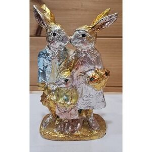 Vintage Foil Wrapped Easter Bunny Family Figurine Decor Rabbits Kissing...